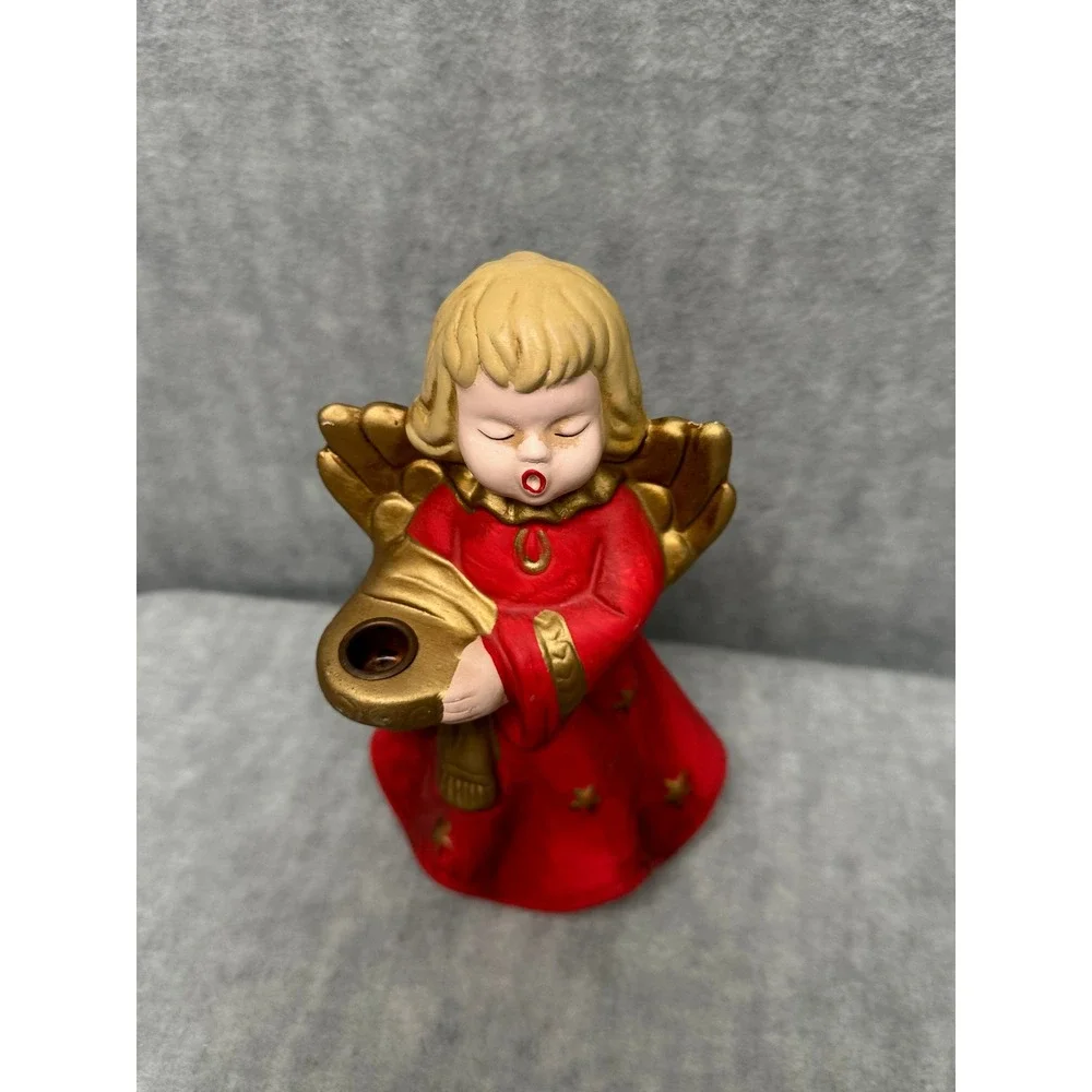 Vintage Red and‎ Gold Ceramic Singing Angel Christmas Candle Holder 7.5in MCM